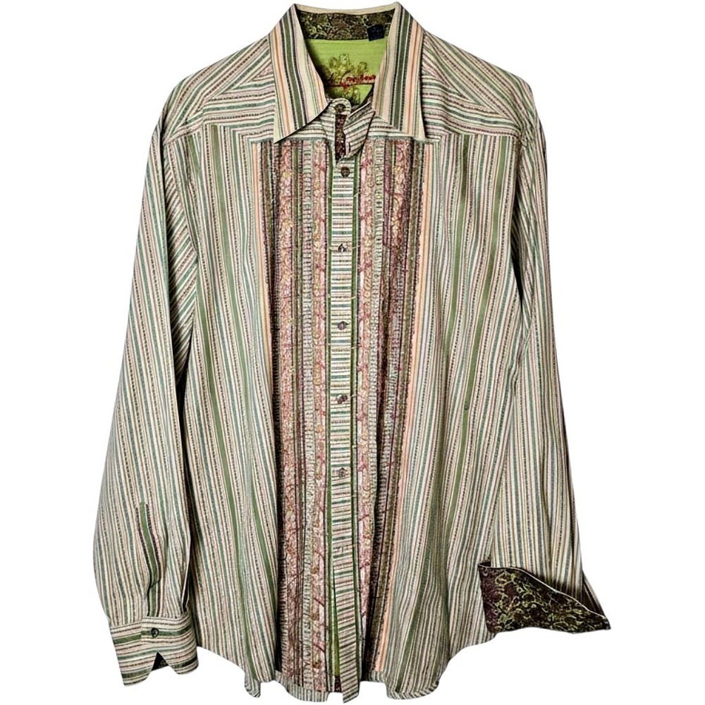 Robert Graham Mens XL Green Striped Embroidered Silk Trim Button Down Shirt